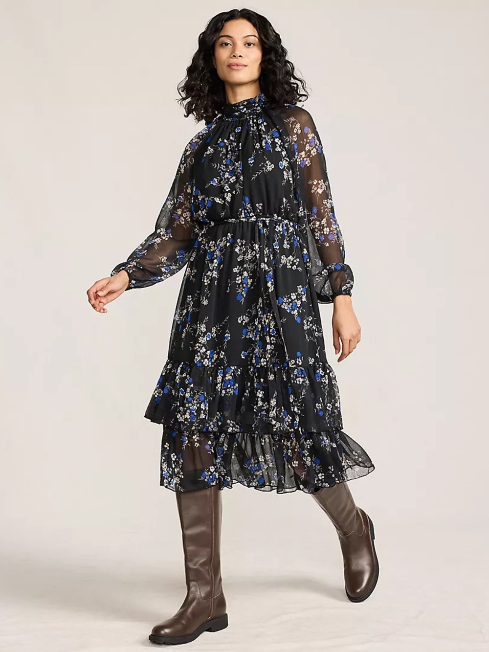 *NWT* Lands' End Black Floral Midi Dress with Blue and White Accents - Picture 2 of 3
